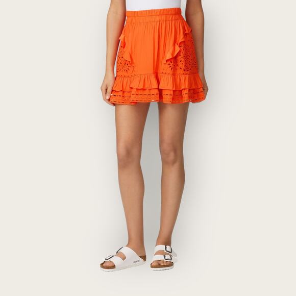 Ramy Brook Brit Eyelet Mini Skirt | XS Extra Small Orange Ruffled Tiered Flirty - Picture 4 of 7